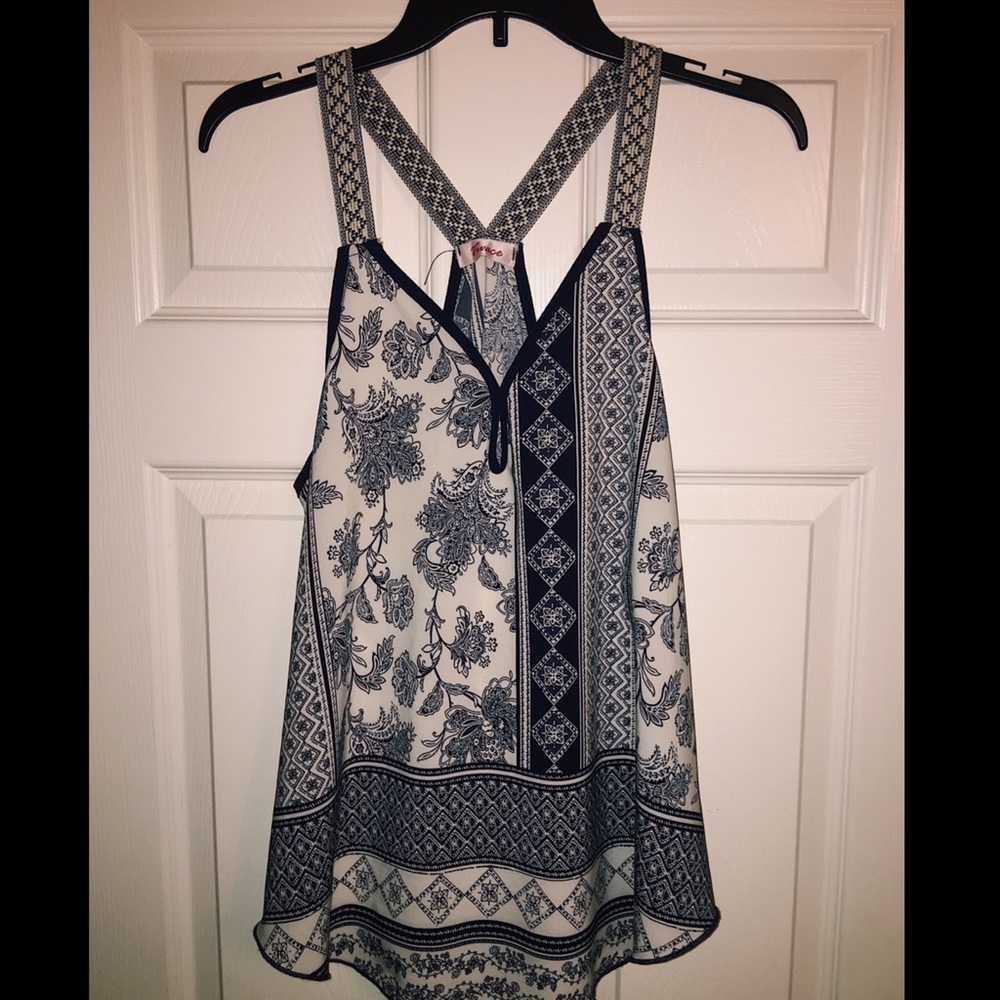 Navy blue floral print silk blouse